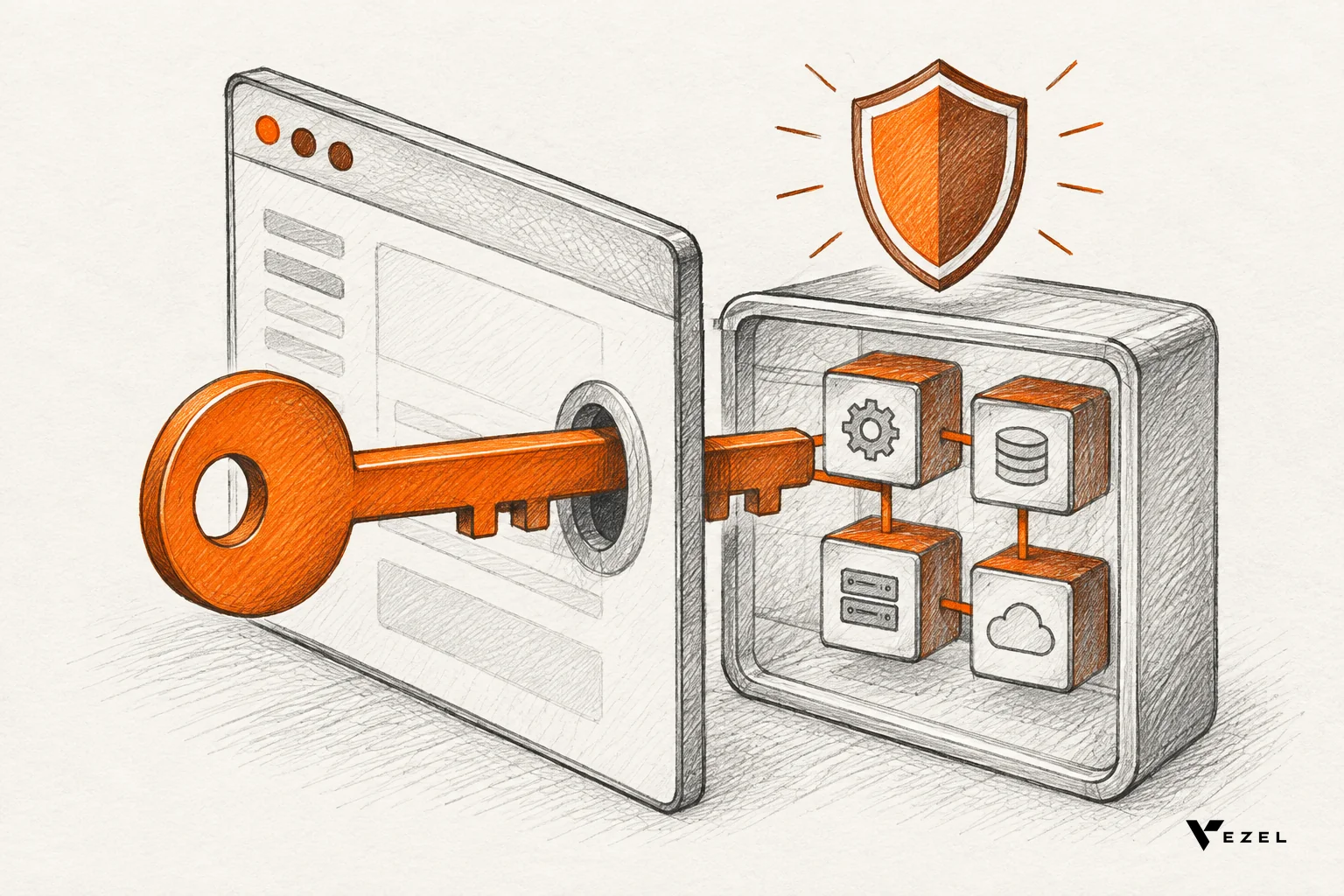 Sketched shield and key linking a host application to small extension modules in a container