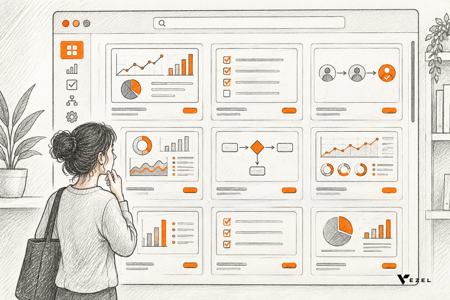 Sketched storefront shelf of extension tiles like dashboards, forms and workflows inside an app window