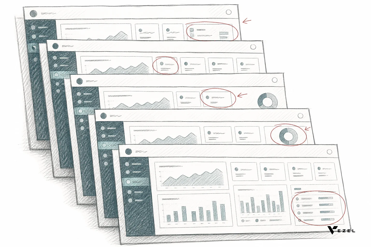 Sketch of multiple near-identical dashboard mockups stacked with slight variations, symbolizing duplicated one-off builds. sketch style hand-drawn line art, pencil crosshatching, minimal color palette of muted teal and slate (#38555e