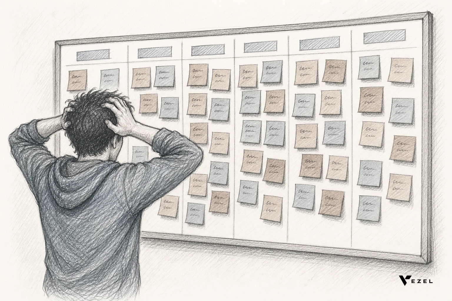 Hand-drawn sketch of a sprint backlog board covered in sticky notes each labeled with a different customer name instead of a feature name. sketch style hand-drawn line art, pencil sketch with crosshatching, minimal color using muted blues