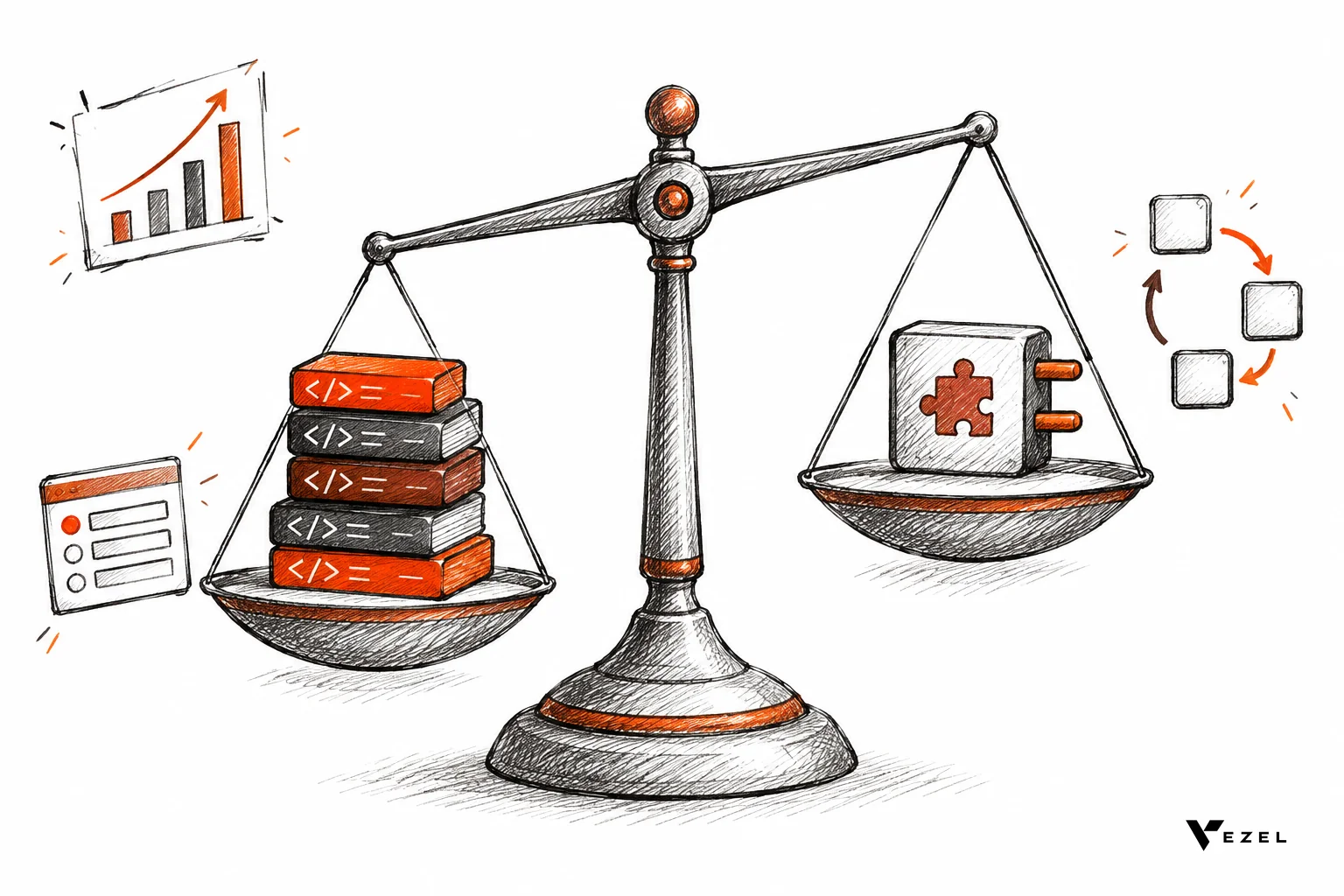 Balance scale weighing building blocks against a platform module for scoring capabilities