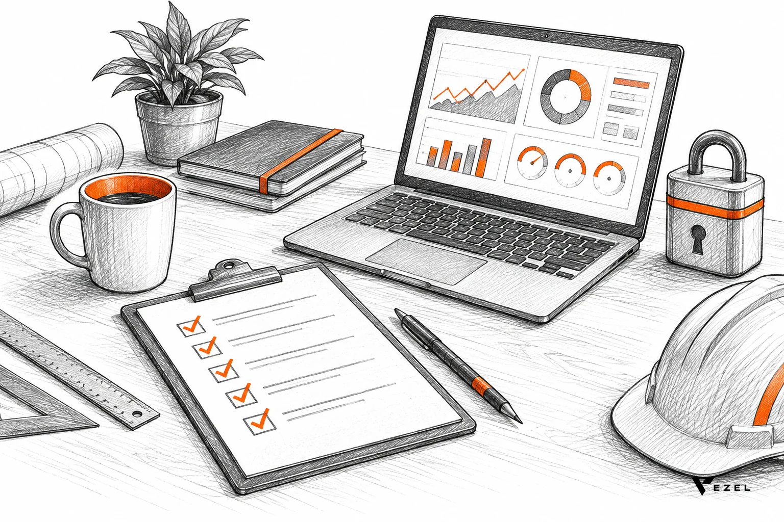 Engineer's desk with a hand-drawn checklist, laptop and a secure container icon
