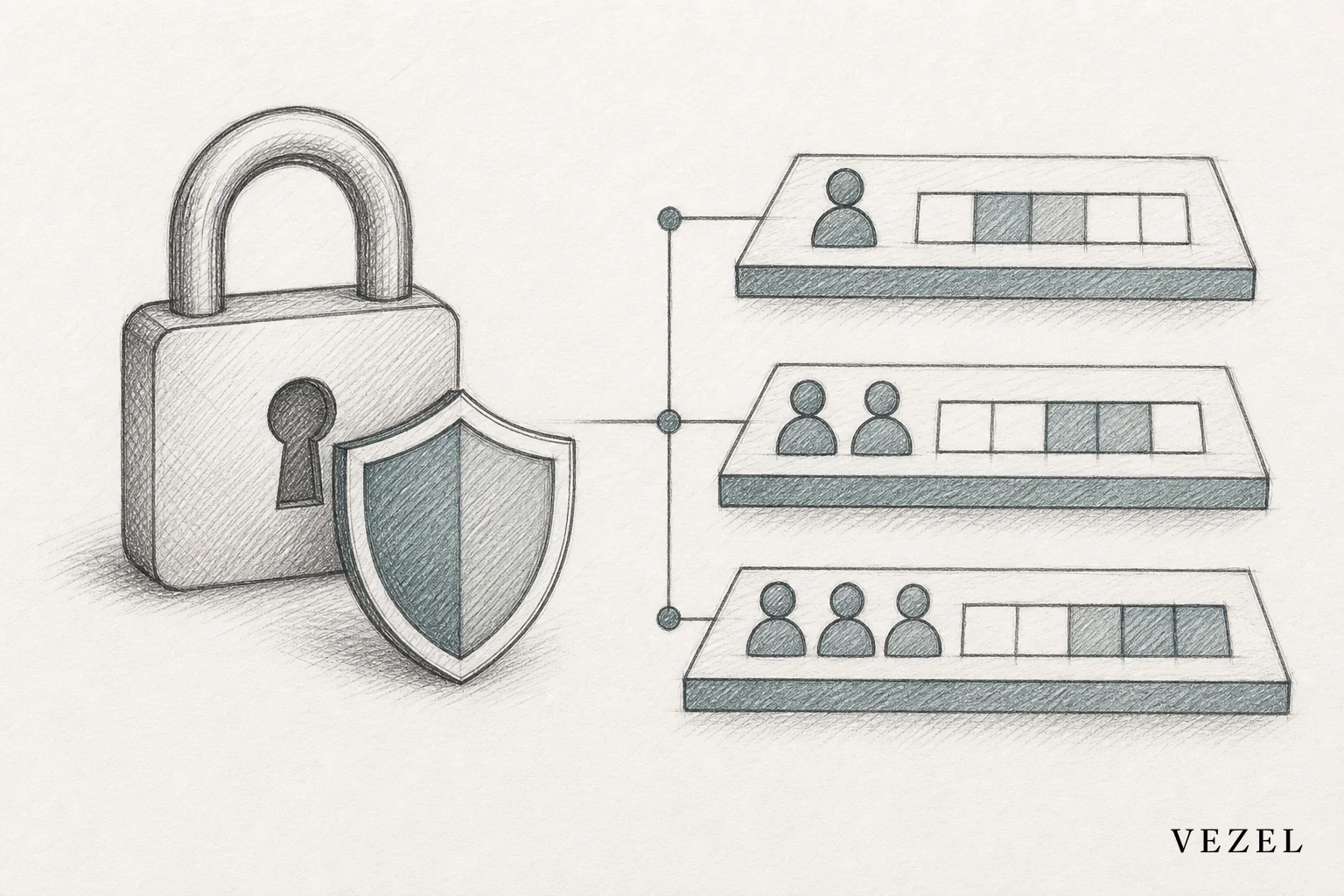 Sketch showing a shield and lock connected to layered data access levels. sketch, hand-drawn line art pencil sketch with crosshatching, minimal color using brand tones #38555e and #768d8c, illustration of a padlock and shield icon connected