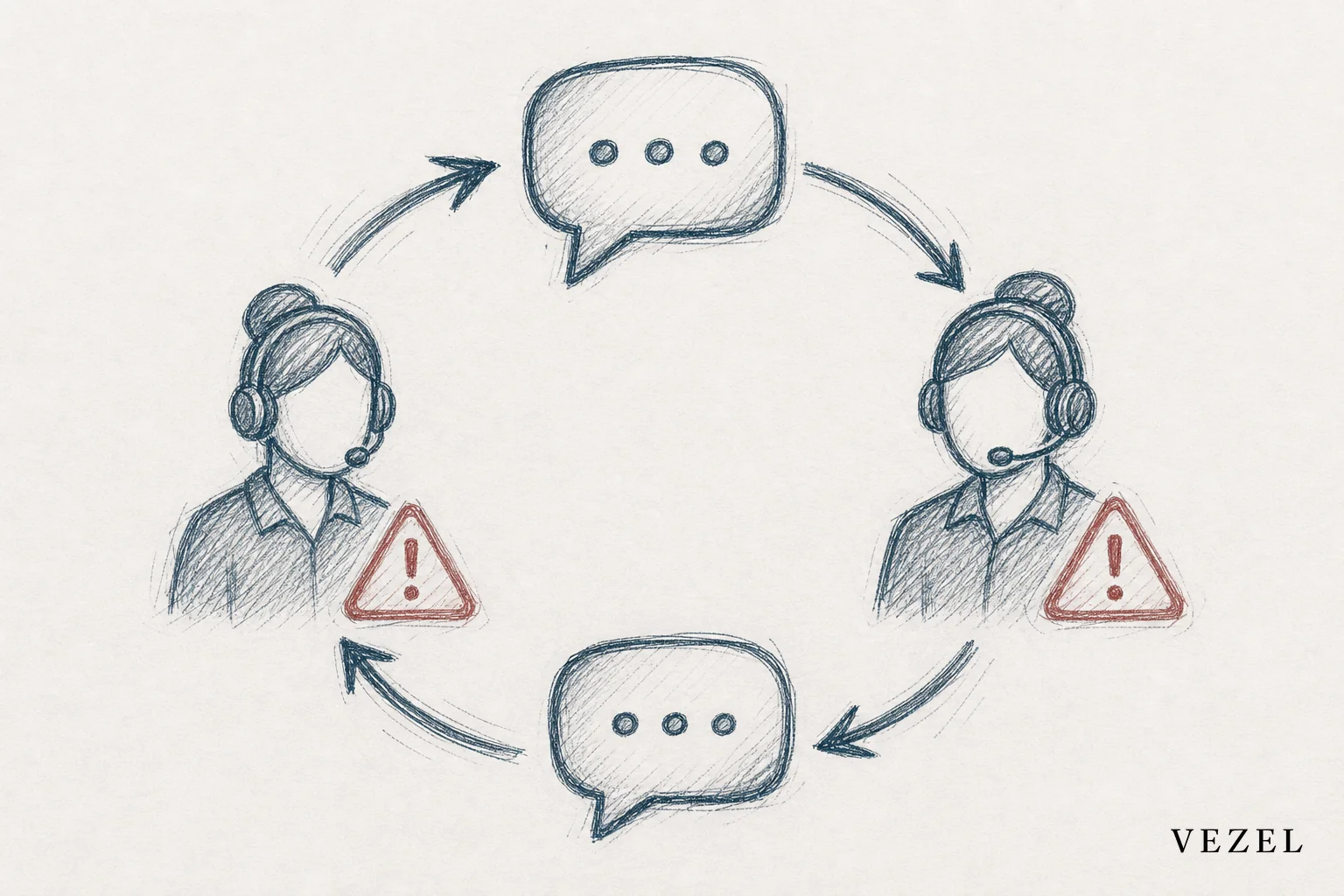 Sketch of a frustrated support escalation loop. sketch, hand-drawn line art pencil sketch with crosshatching, minimal color using slate #2a4055 and teal-gray #70828c, illustration of a circular loop diagram showing a chat bubble repeatedly