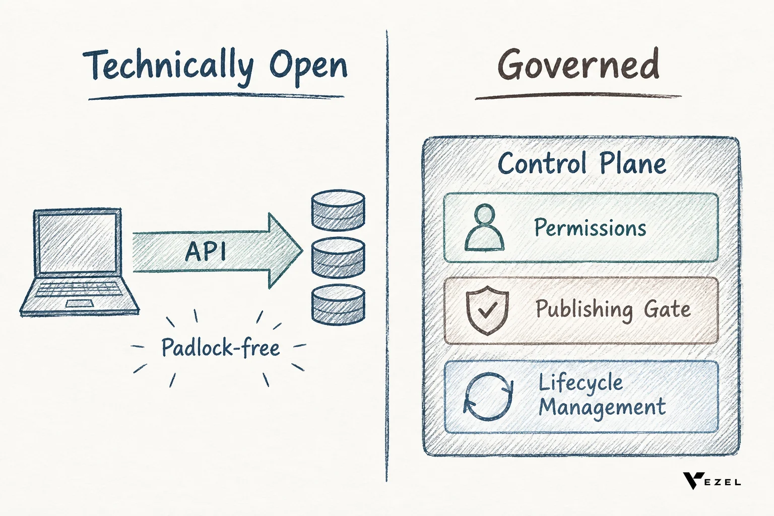 Diagram contrasting technically open API access vs a governed extensibility control plane. diagram, hand-drawn sketch style line art with labels, minimal color using #2a4055 #768d8c #64524d: a simple two-column diagram labeled 'Technically
