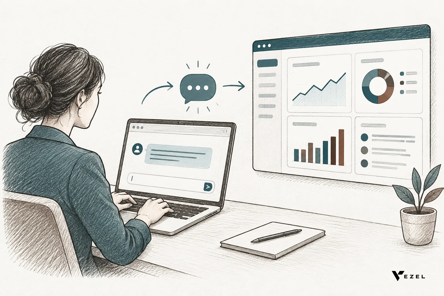 A SaaS dashboard customized by an end customer, white-labeled, inside a host product. sketch, hand-drawn line art pencil sketch with crosshatching and minimal color accents in #38555e and #64524d: a business person typing a plain English