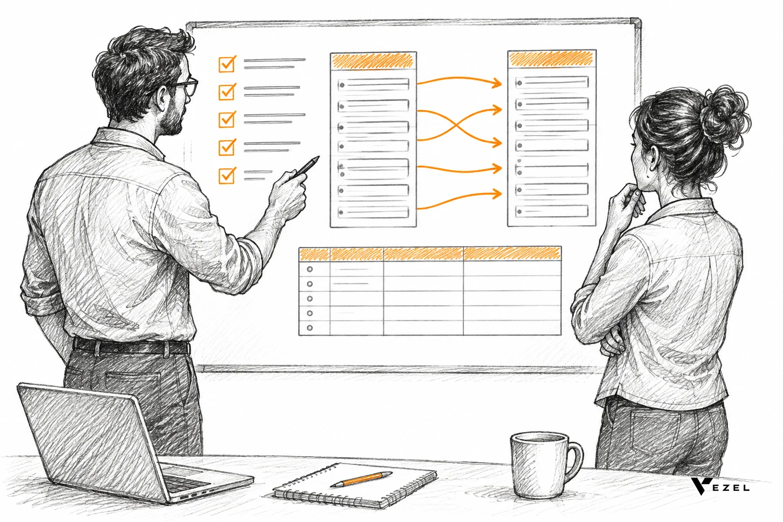 Sketch of a product team reviewing an evaluation checklist beside a log screen and a field-mapping diagram