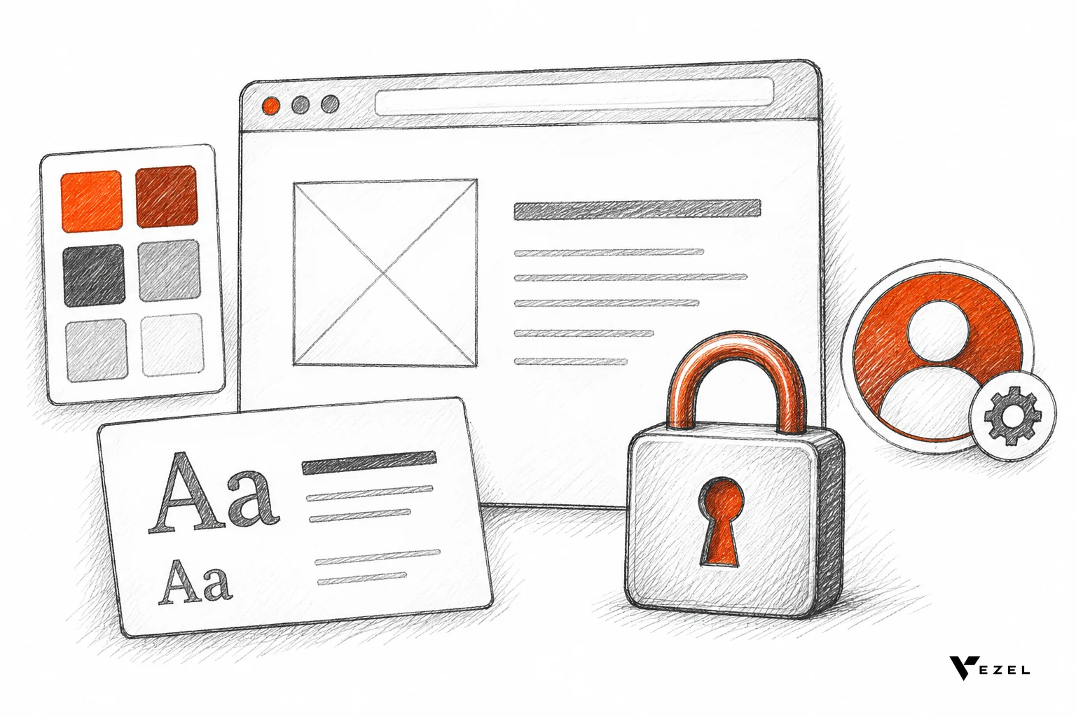 Sketch of a browser window with custom logo area, colour swatches and a padlock representing branding and permissions