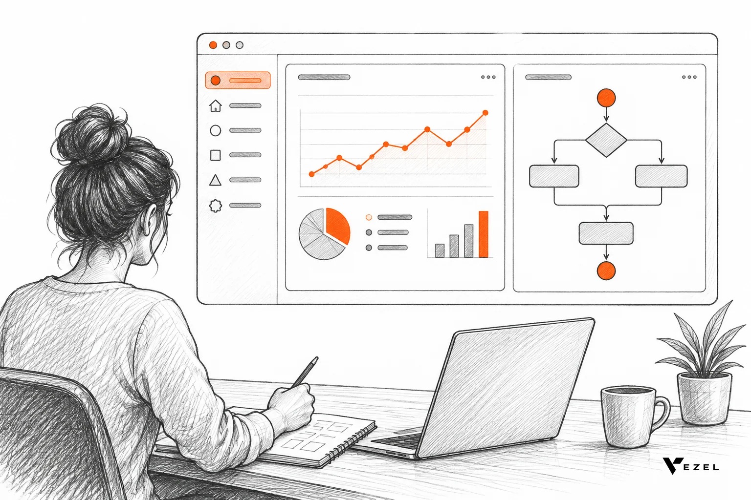 Sketch of a host SaaS app screen with an embedded dashboard and workflow panel blending into its design
