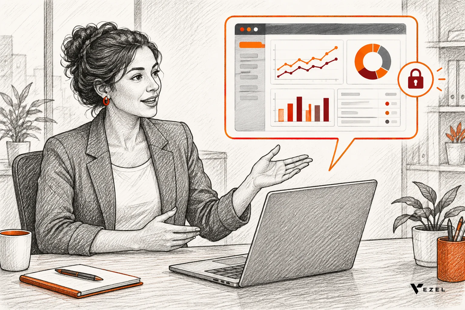 Sketch of a customer typing a plain-English request that becomes a dashboard inside a host SaaS application window
