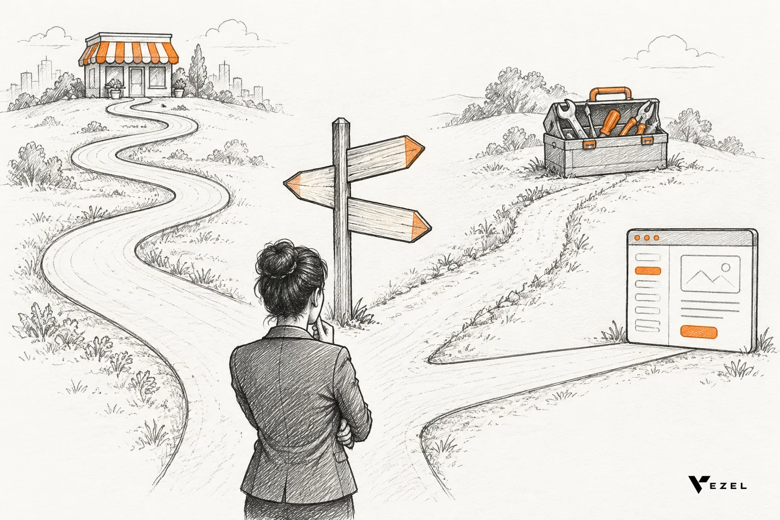 Sketch of a decision fork comparing marketplace, SDK and embedded builder paths for a SaaS vendor
