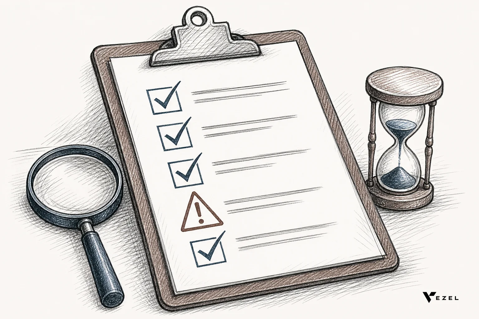 A checklist or warning-sign visual representing at-risk renewals in a SaaS pipeline. sketch, hand-drawn line art with crosshatching and minimal color, a hand-drawn checklist on a clipboard with checkmarks and one warning triangle icon