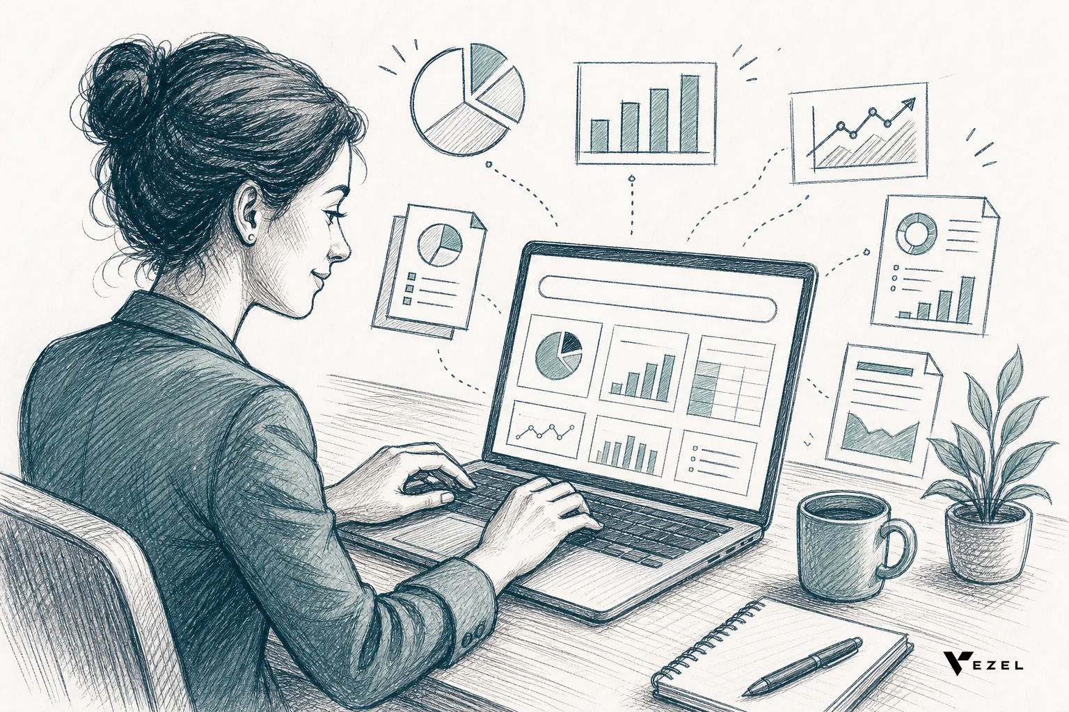sketch, hand-drawn line art with crosshatching and minimal color, a business analyst typing a plain-English request into a laptop showing a dashboard interface, small sketched icons of charts and reports appearing around the screen, color