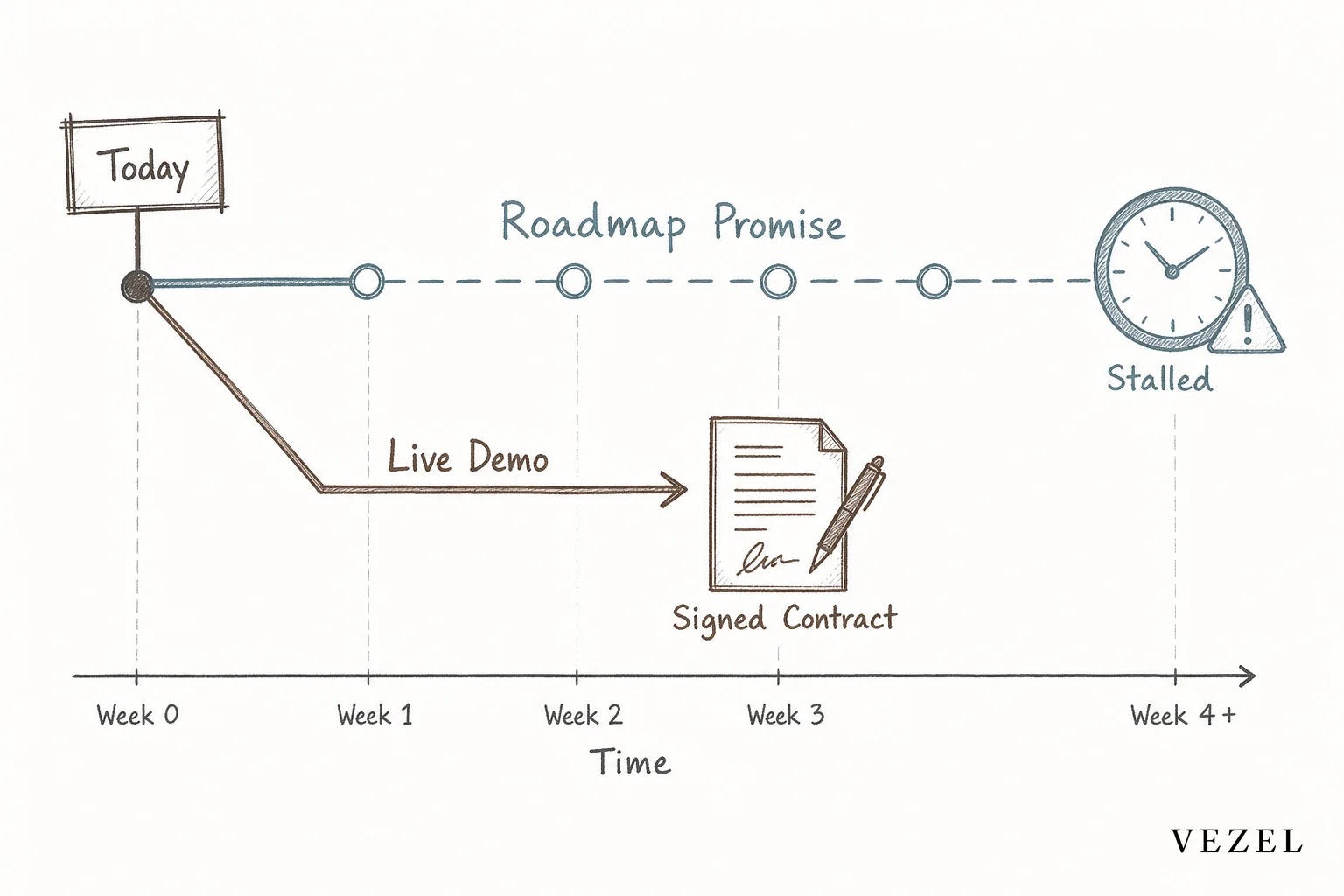 sketch, hand-drawn line art diagram with crosshatching, minimal color using #70828c and #64524d, a simple horizontal timeline sketch showing two paths, one long path labeled 'Roadmap Promise' with a stalled clock icon and one short path