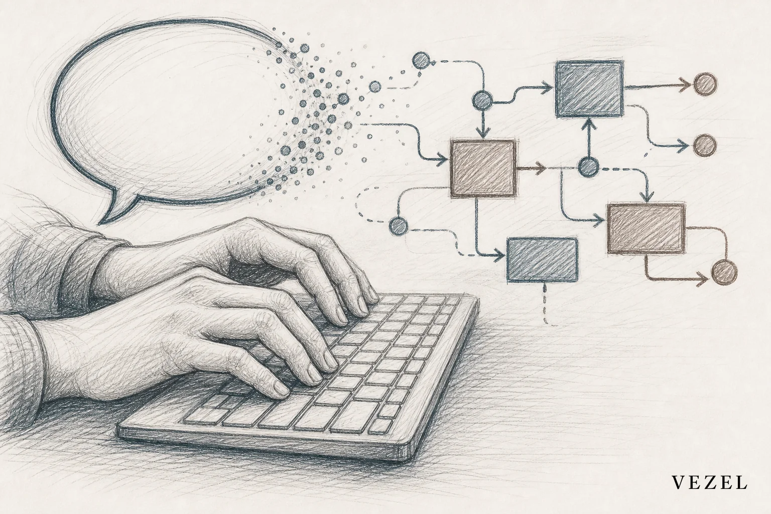 Hands typing a plain English sentence that transforms into a workflow diagram. sketch, hand-drawn line art pencil sketch with crosshatching, minimal color using #38555e and #64524d accents, close-up of hands typing on a keyboard with a