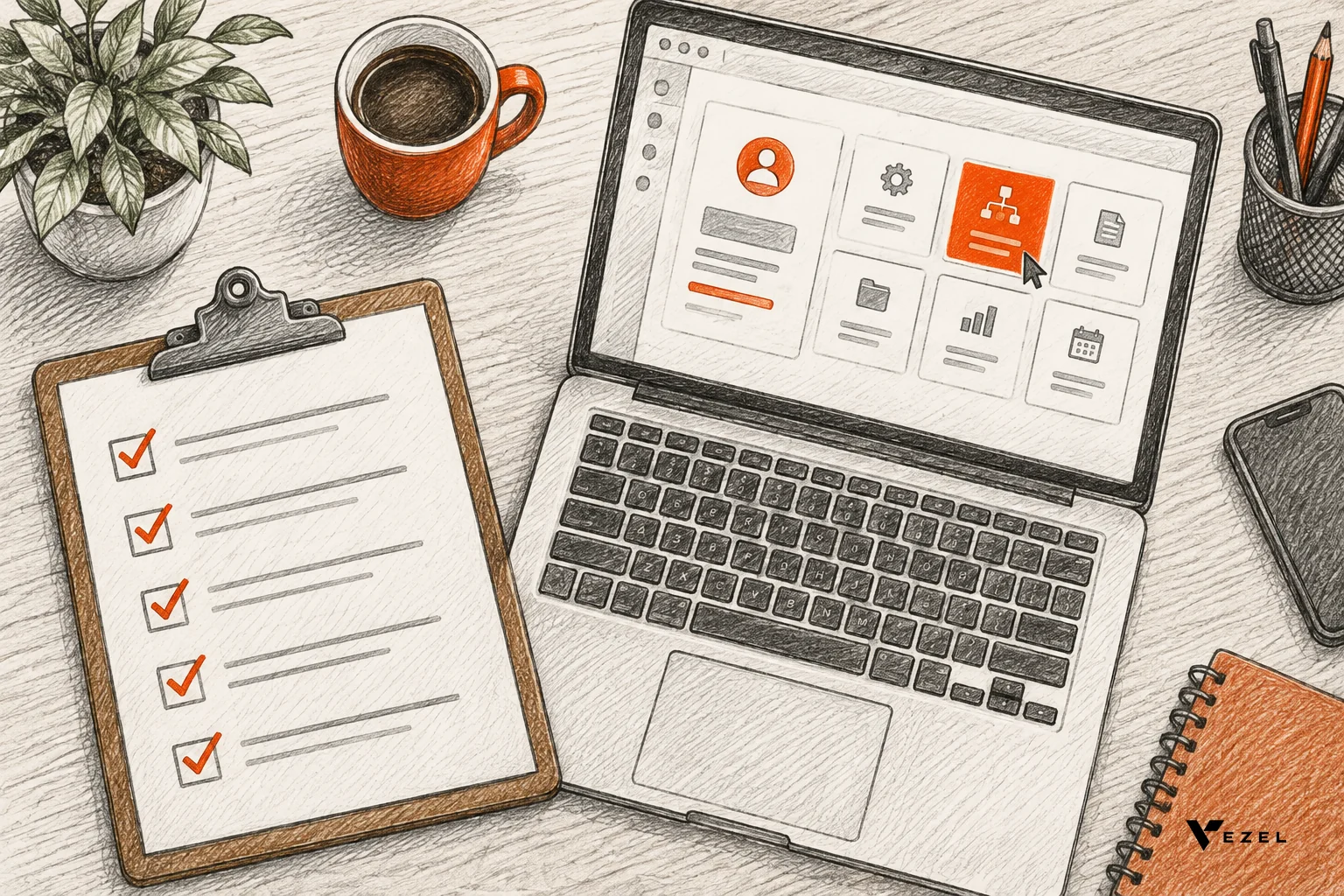 Sketched preparation checklist beside a laptop showing a demo account login and a single highlighted workflow card
