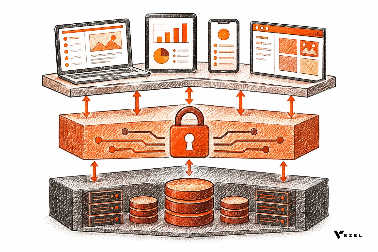 Layered diagram sketch of data core, API and permissions layer, and multiple front-ends above