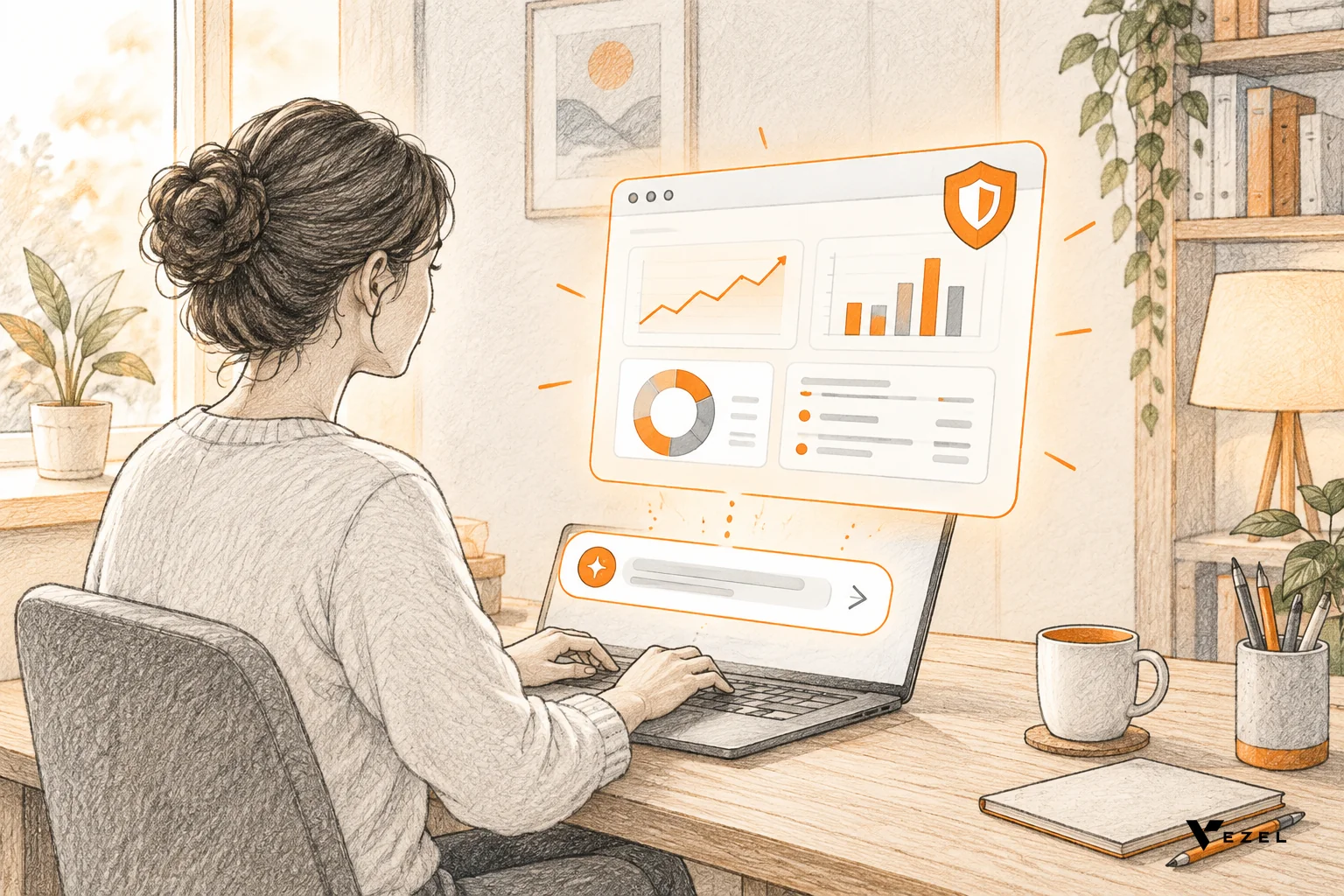 Sketch of a business user describing a dashboard in plain English and it appearing inside a host application