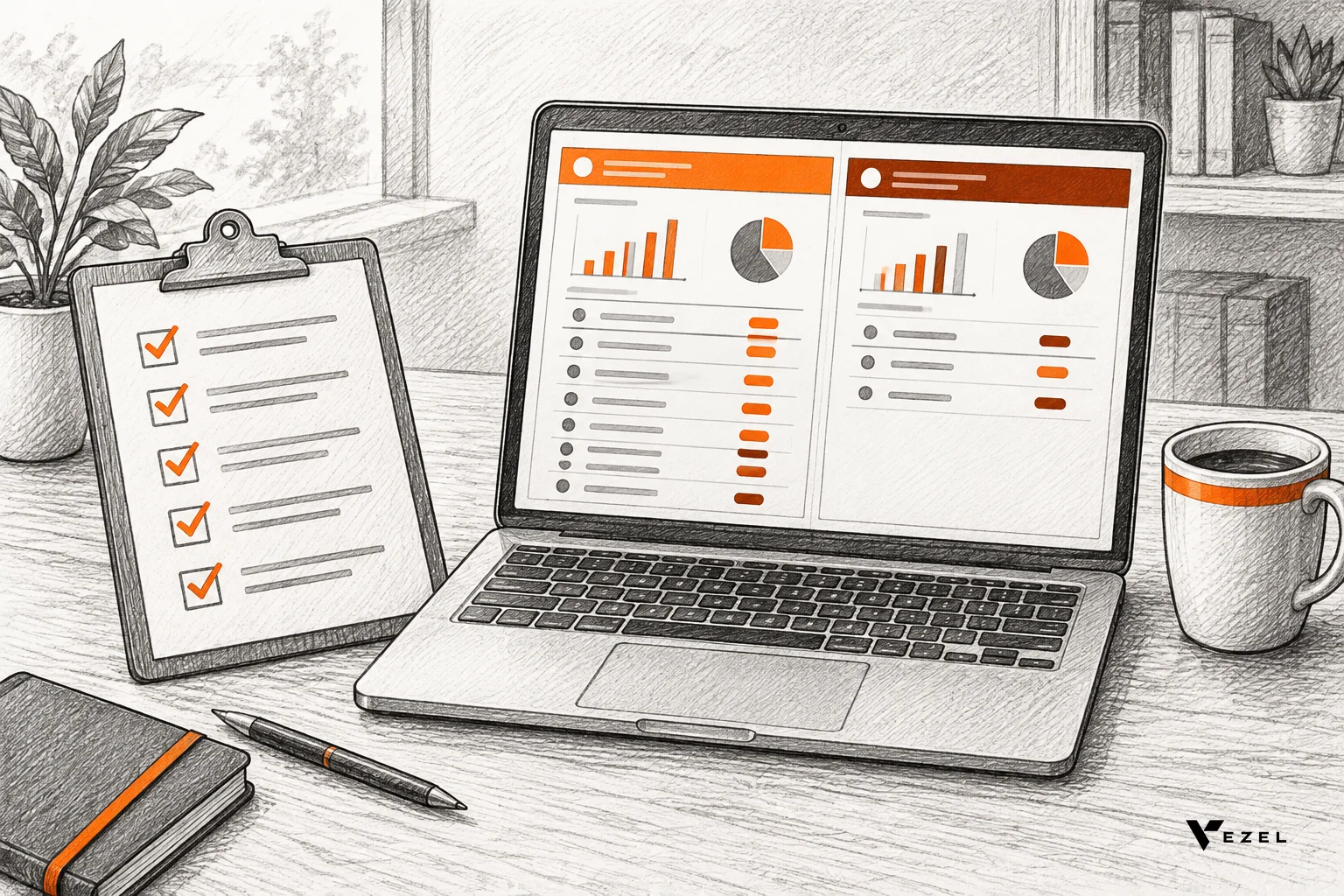 Demo account checklist beside a laptop showing two role logins for a dashboard preview