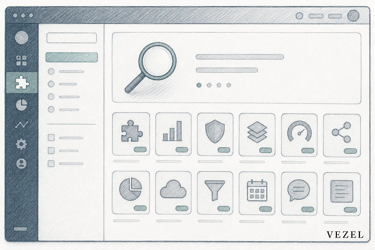 Sketch of a governed marketplace panel inside a SaaS dashboard showing extension cards. sketch style hand-drawn line art, pencil crosshatching, minimal color palette of #2a4055 #70828c #768d8c, illustration of a marketplace interface