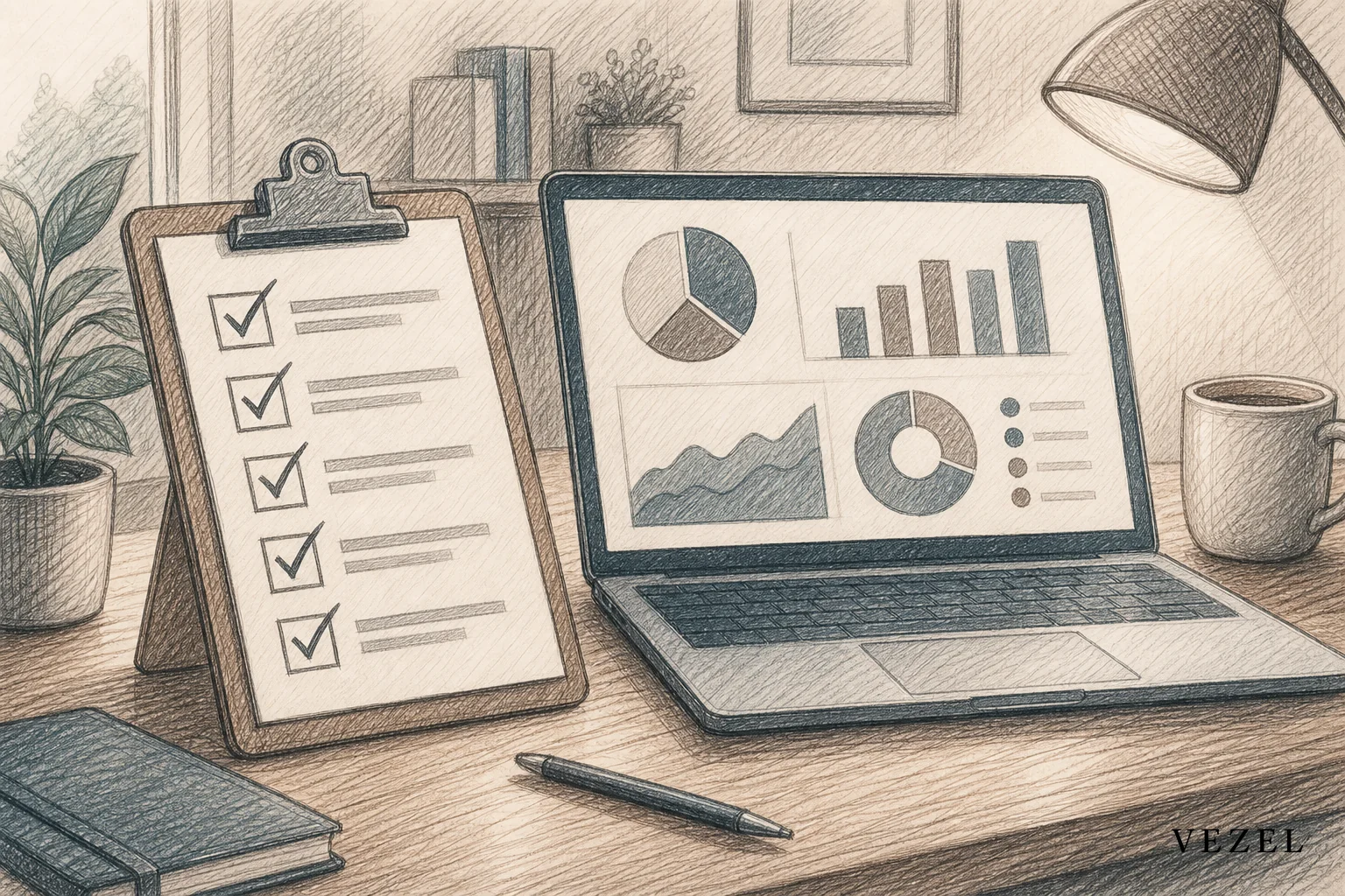 Sketch of a checklist clipboard next to a SaaS product screen. sketch style hand-drawn line art, pencil sketch with crosshatching, muted colors #38555e and #64524d, illustration of a clipboard with checkmarks next to a laptop screen