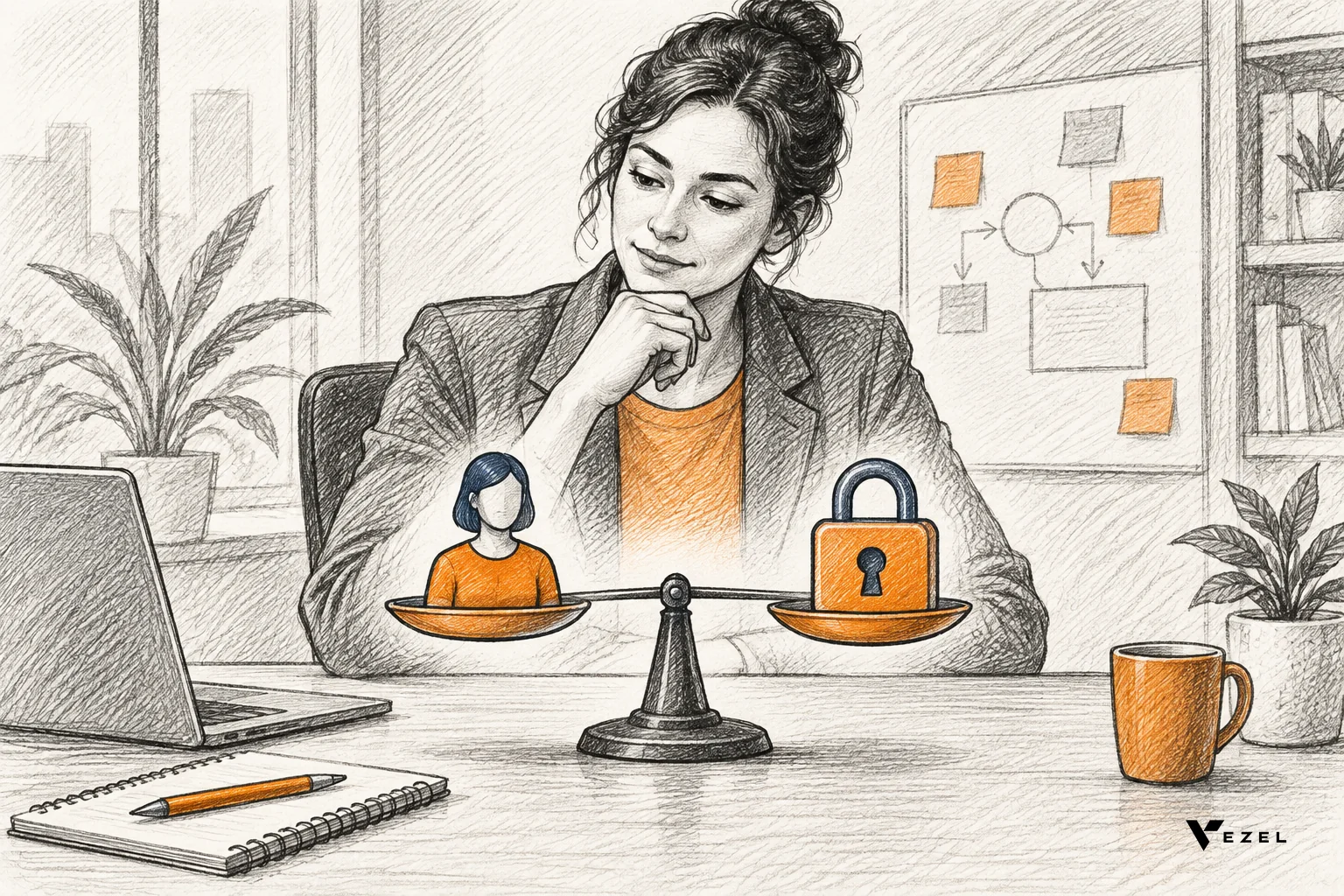 Sketch of a product leader weighing two options at a desk