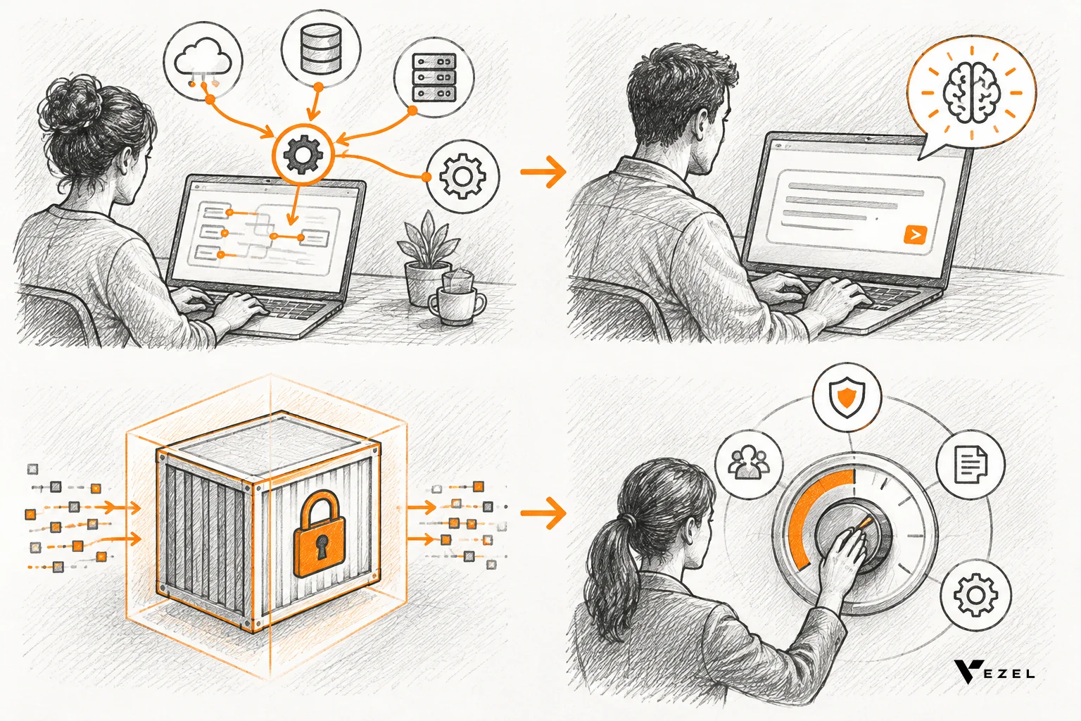 Sketch of four-step pipeline from API connection to governed container