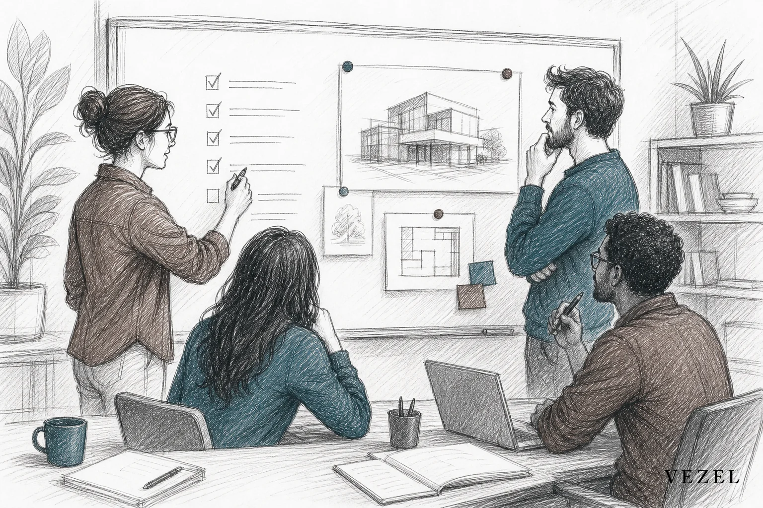 sketch, hand-drawn line art in pencil style with subtle color accents in #64524d and #38555e, showing a small team gathered around a whiteboard with a checklist and a simple architecture sketch pinned up, collaborative planning mood