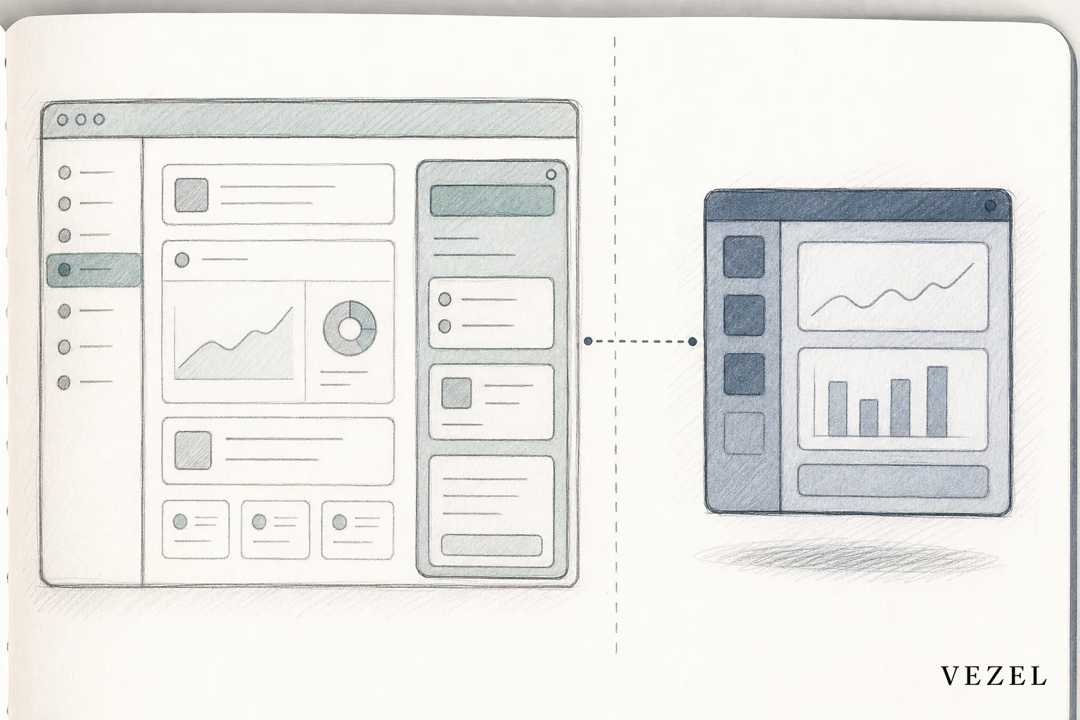 Sketch illustrating embedded extension architecture versus a standalone internal tool builder sitting outside the product. sketch, hand-drawn pencil line art with light color washes in #768d8c and #2a4055, split composition showing on one
