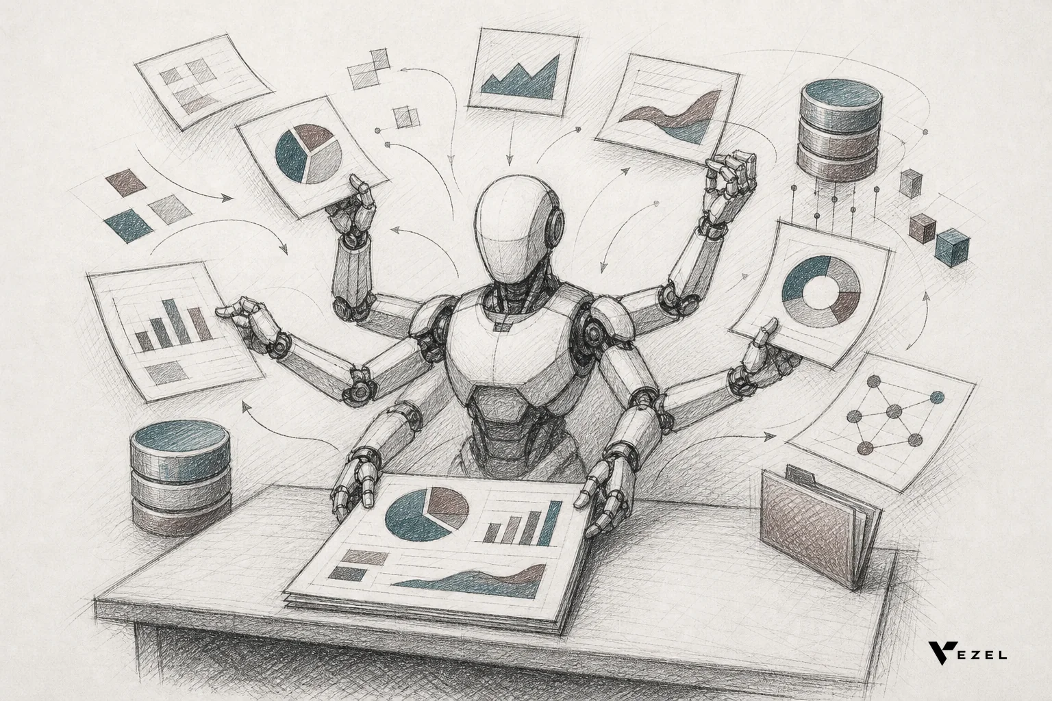 Hand-drawn sketch of an autonomous agent gathering data from multiple sources into a structured report. sketch, hand-drawn line art pencil sketch with crosshatching and minimal color, an abstract robotic figure with multiple arms reaching