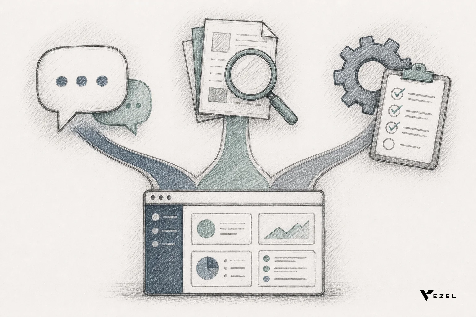Hand-drawn sketch of three distinct pathways representing support, research, and operations within one SaaS interface. sketch, hand-drawn line art pencil sketch with crosshatching and minimal color, three branching paths emerging from a