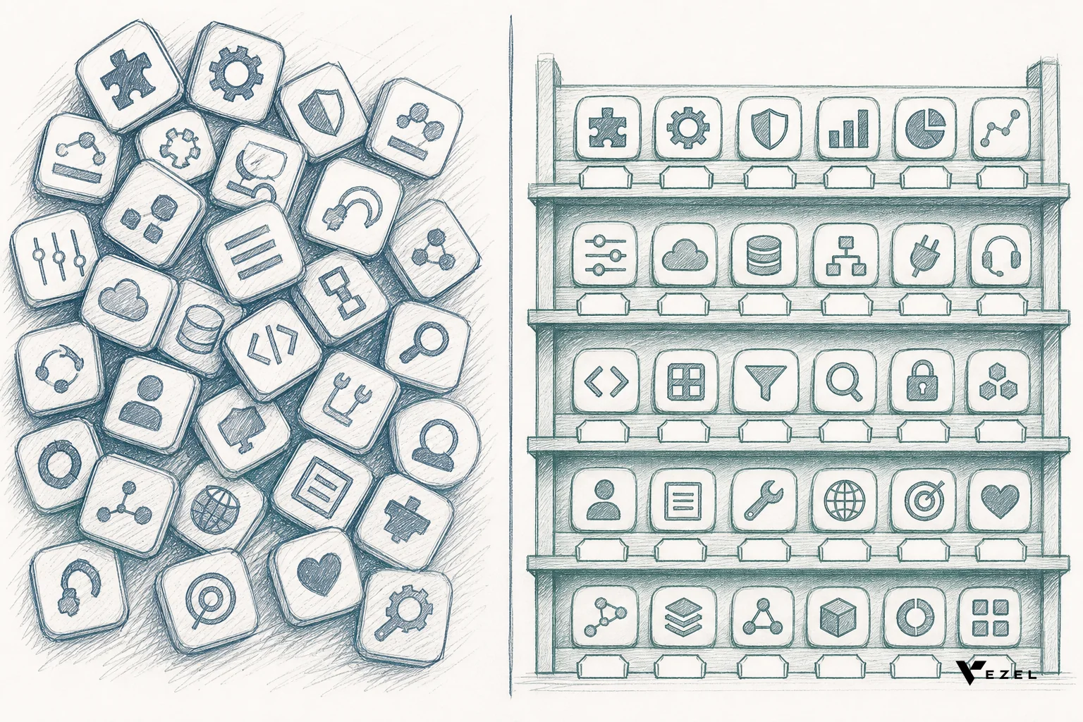 sketch, hand-drawn line art, pencil crosshatching, colors #2a4055 and #768d8c: split illustration, left side shows a cluttered jumble of app icons scattered without order, right side shows the same icons neatly arranged on labeled shelves