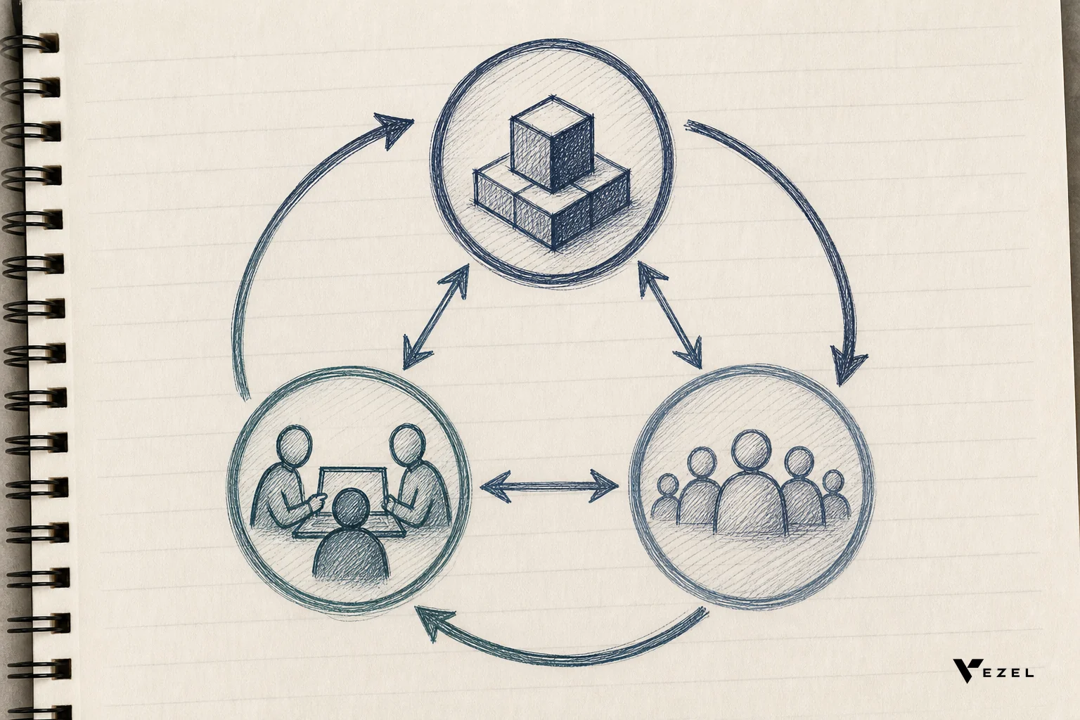 Sketch of a flywheel loop connecting platform, developers, and customers. sketch, hand-drawn line art with crosshatching, colors #2a4055, #38555e, #70828c: a circular flywheel diagram drawn by hand showing three connected nodes labeled with