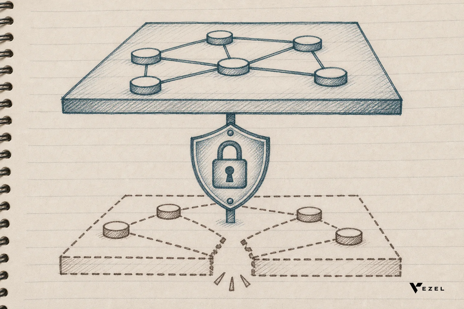 sketch, hand-drawn line art with crosshatching in #38555e and #64524d: illustration of a locked shield icon sitting between two software layers, one layer solid and connected, the other layer drawn with a broken dotted line showing a gap in