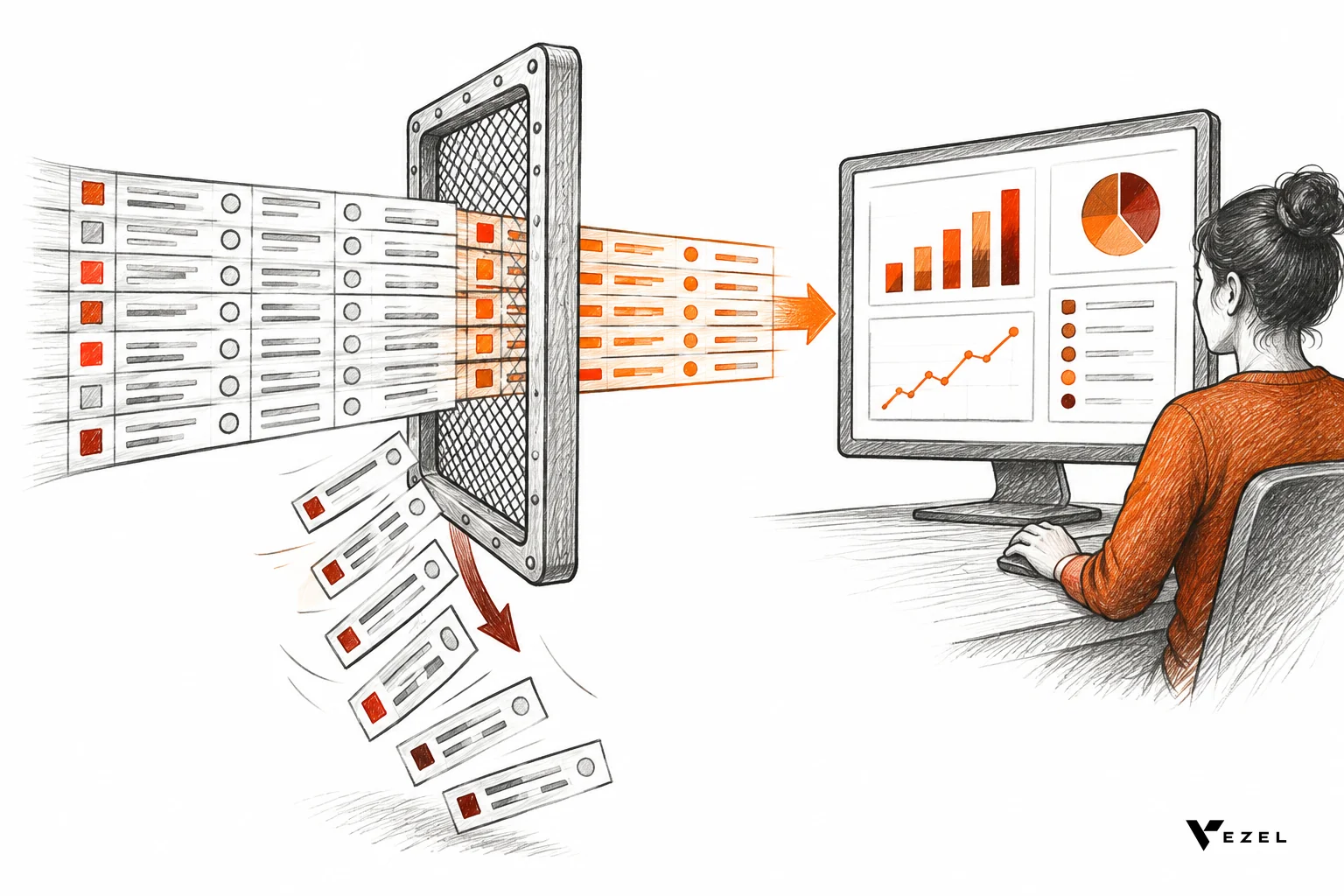Sketch of a report passing through a permission gate that filters rows by user role