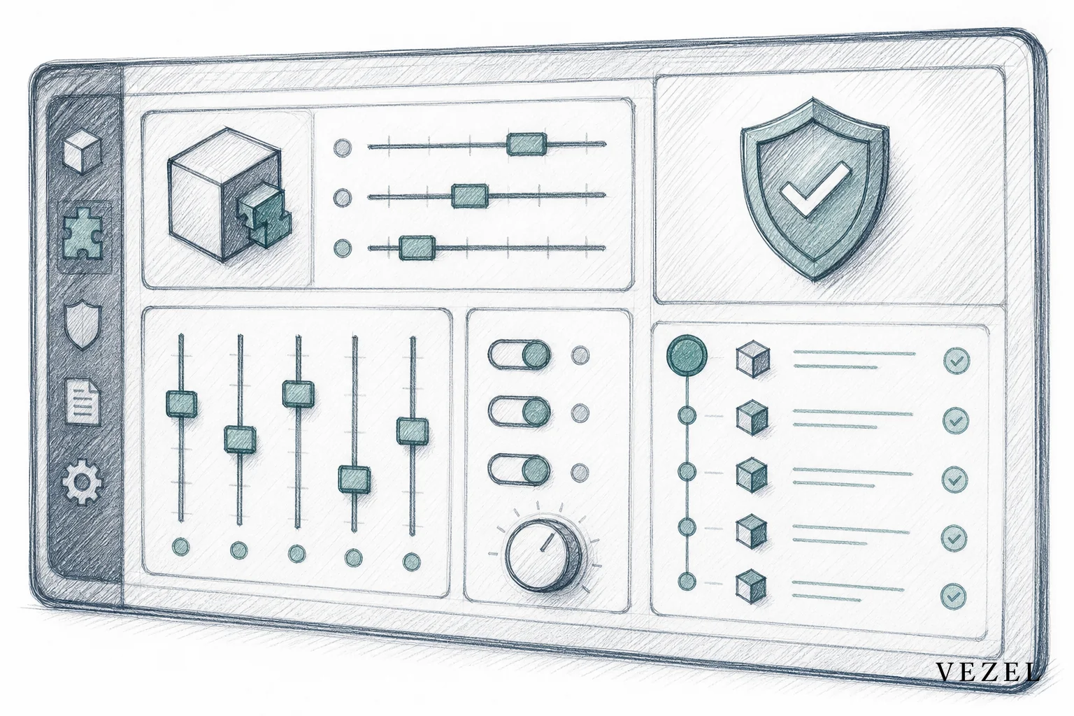 Sketch of a governance control panel with version history and audit trail for AI agents inside a SaaS product. sketch, hand-drawn line art pencil sketch with crosshatching, minimal color using #2a4055 and #768d8c, illustration of a control
