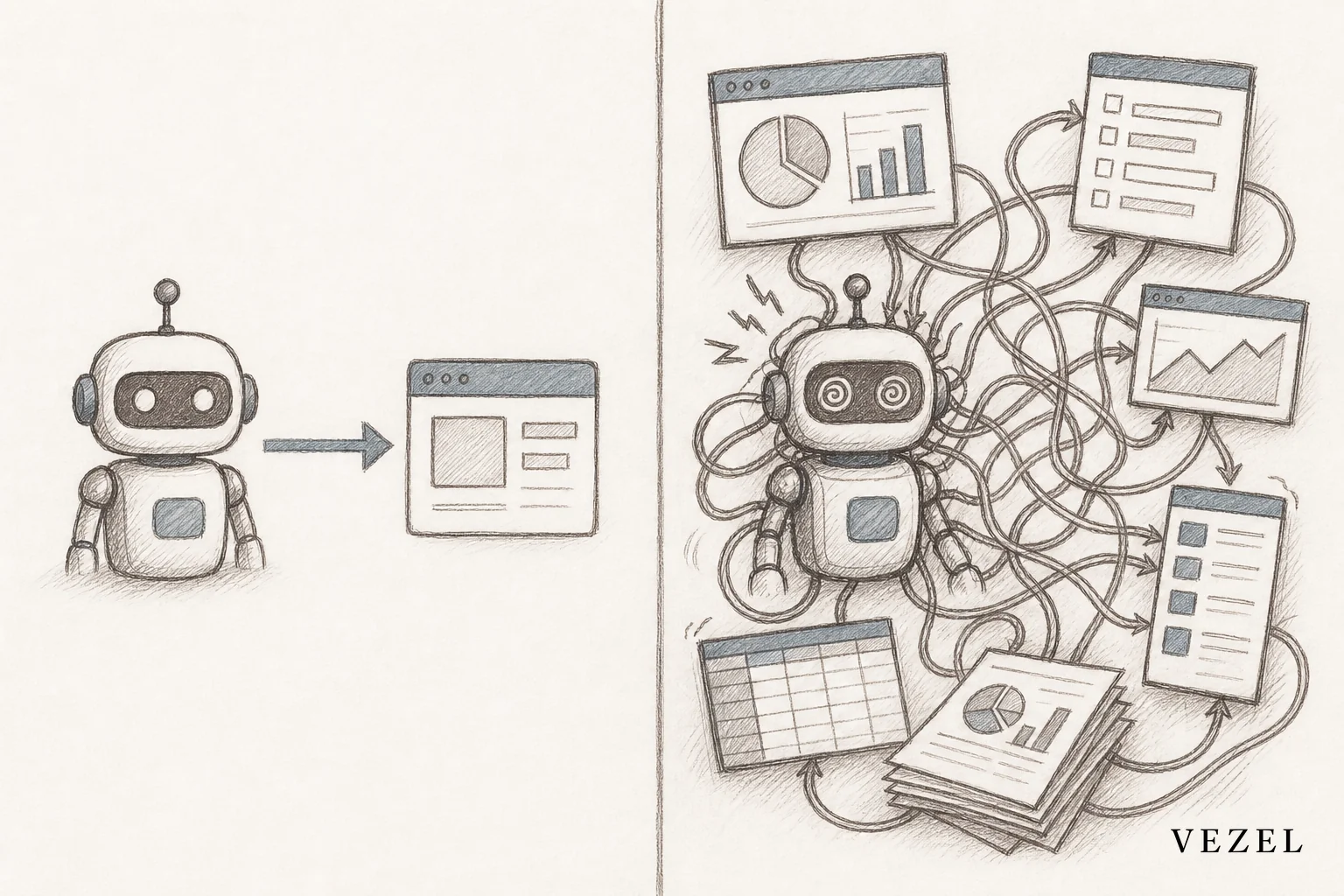 Sketch showing one narrow, focused AI agent icon versus a tangled overloaded agent handling too many tasks. sketch, hand-drawn line art pencil sketch with crosshatching, minimal color palette of #64524d and #70828c, split composition