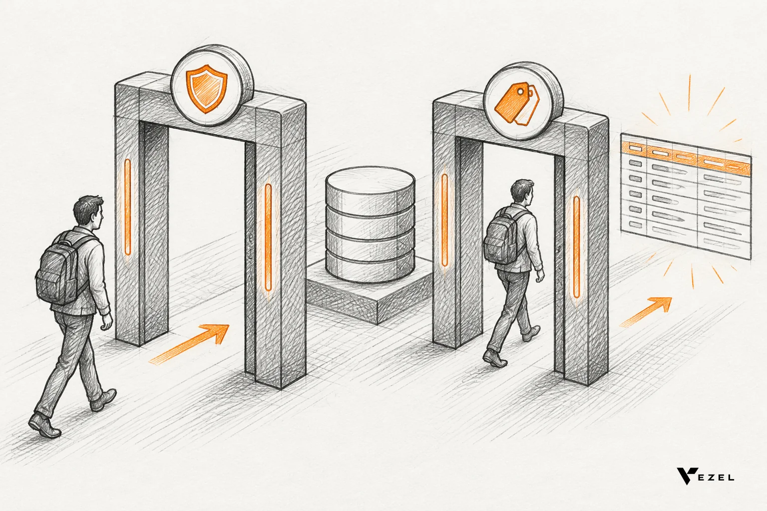 Sketch of a layered gate where role check leads to attribute check before a data table