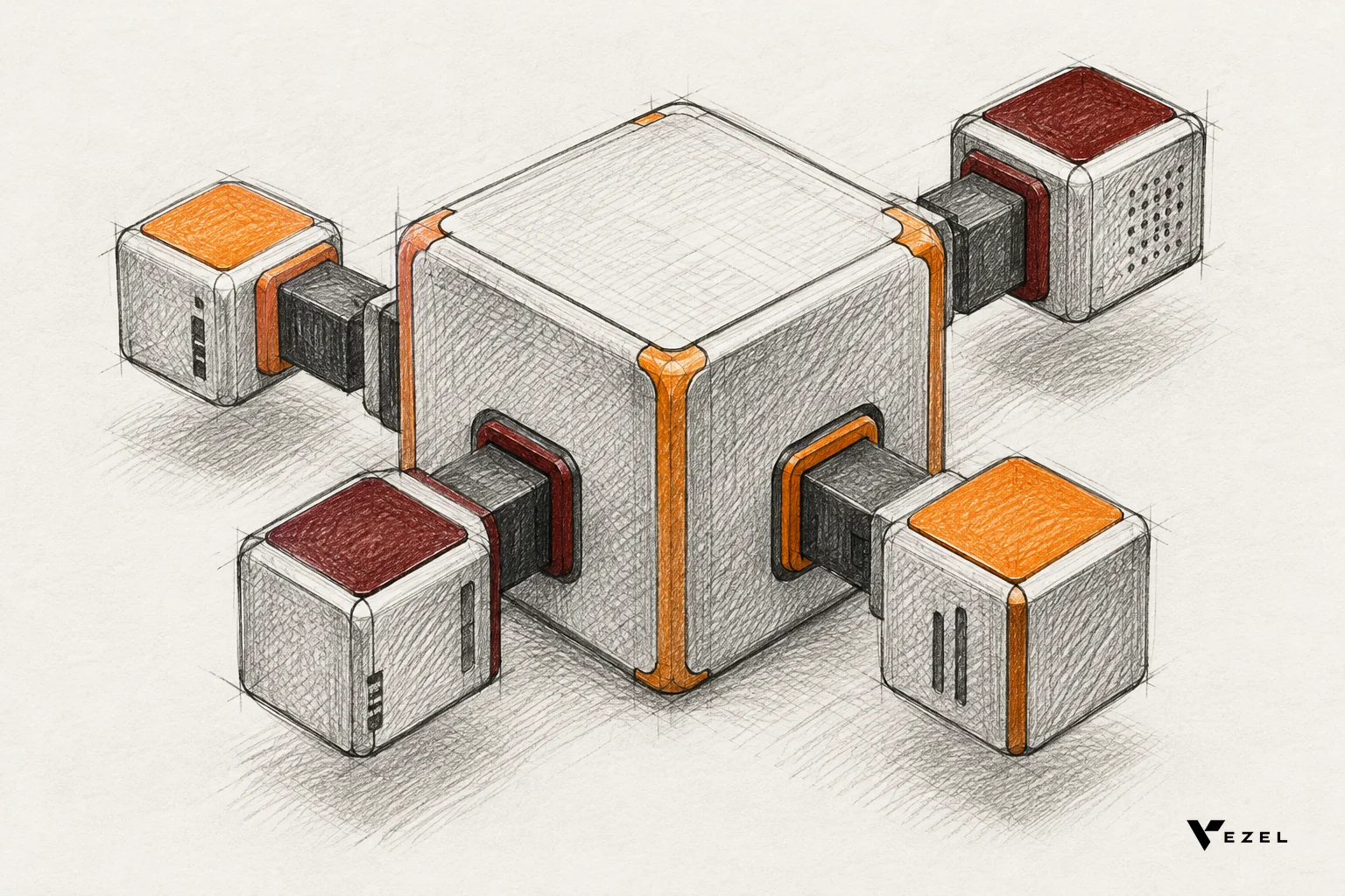 Sketch of a core product block with small extension pieces attached per customer