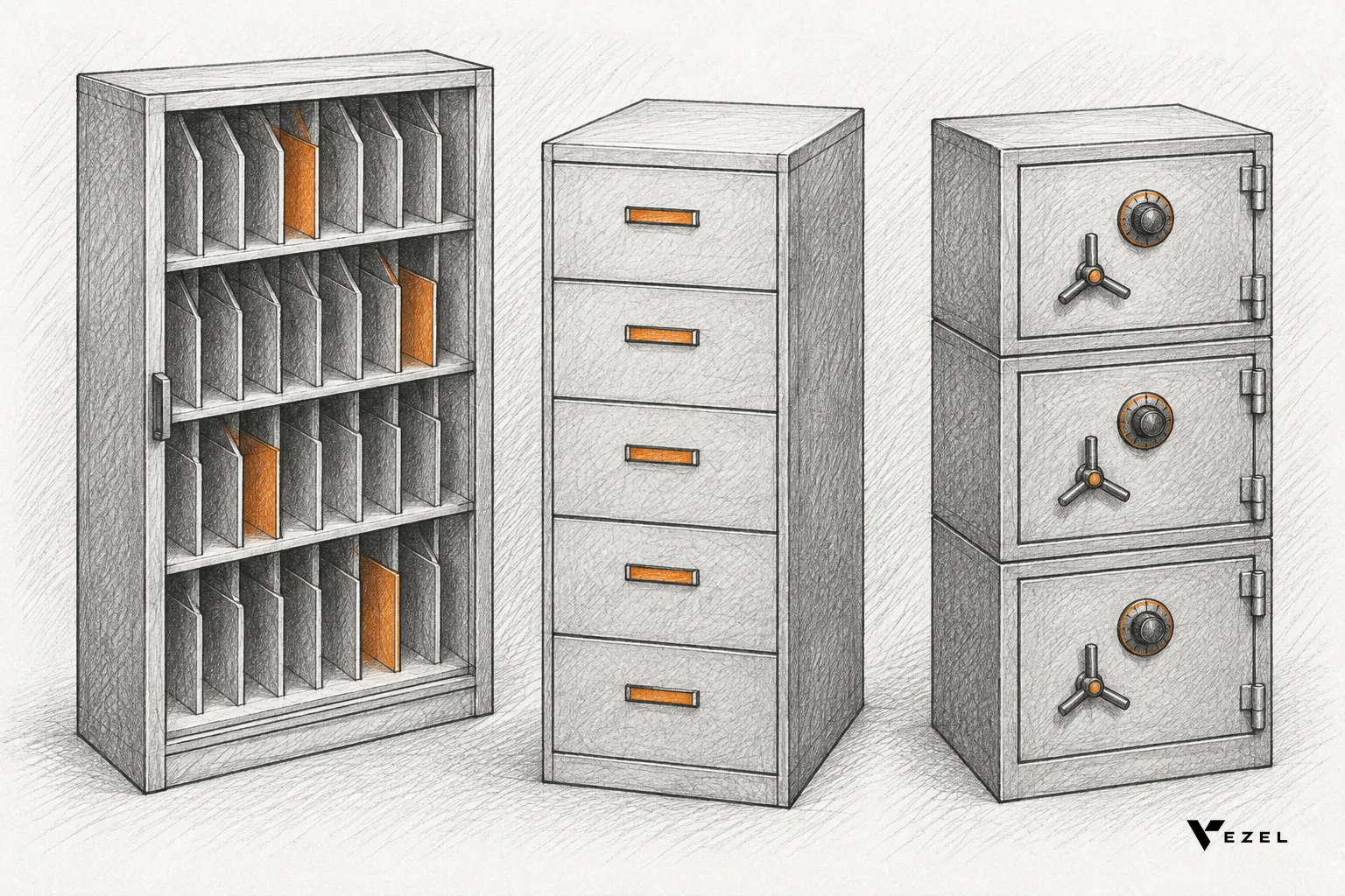 Sketch of three data stores with walls illustrating shared, schema and database isolation