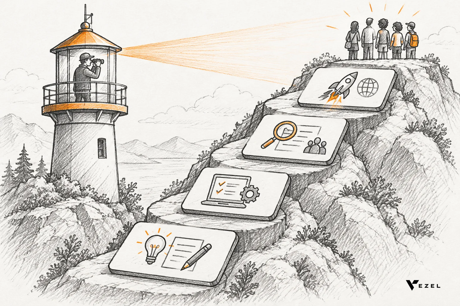 Sketch of a staged path from draft to review to published workflow with a control panel overseeing versions