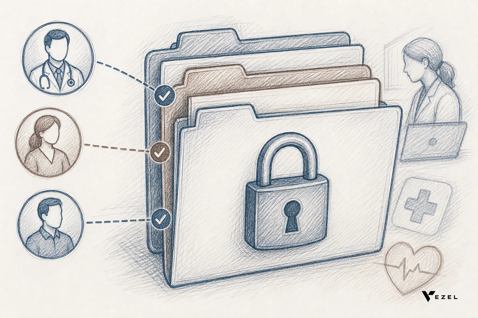Sketch of a locked folder and permissioned data layers representing healthtech reporting access controls. sketch style hand-drawn line art, pencil crosshatching, minimal color using deep blue and warm brown tones (#2a4055, #64524d), an