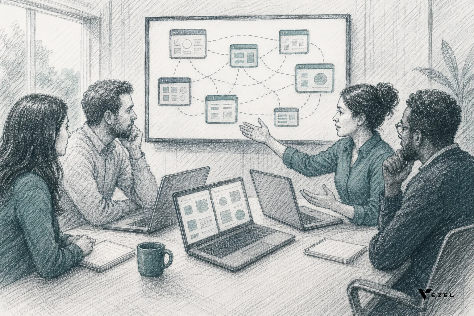 Sketch of a QBR meeting table with laptops showing unfamiliar app icons. sketch style hand-drawn line art, pencil crosshatching, minimal color palette of muted teal and slate (#38555e, #768d8c), a boardroom table scene during a customer
