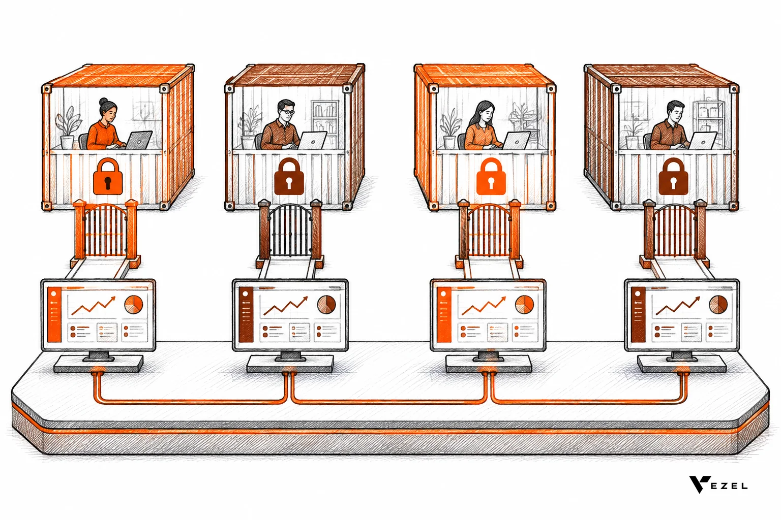 Sketch of separate locked data vaults for different tenants feeding filtered dashboards